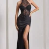 Evalina | Black High-Neck Open-Back Panelled Split Maxi Dress