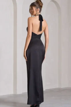 Evalina | Black High-Neck Open-Back Panelled Split Maxi Dress