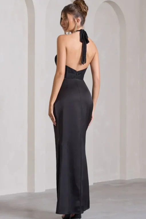 Evalina | Black High-Neck Open-Back Panelled Split Maxi Dress