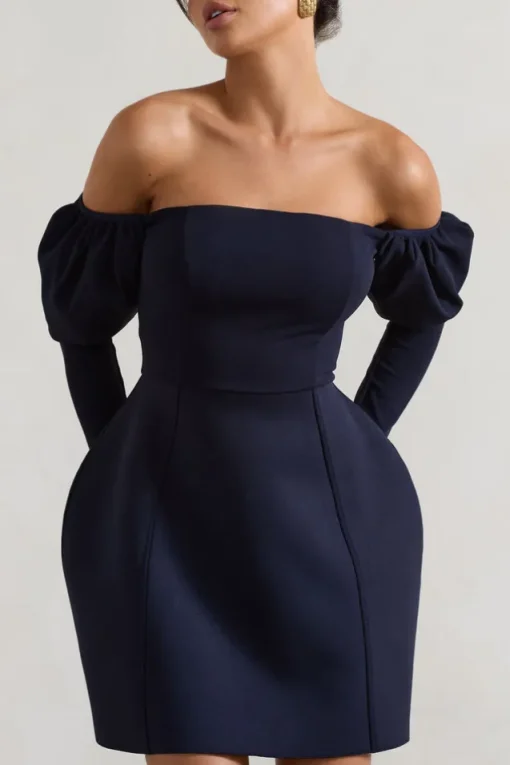 Evangeline | Navy Structured Bardot Puff-Sleeve Mini Dress