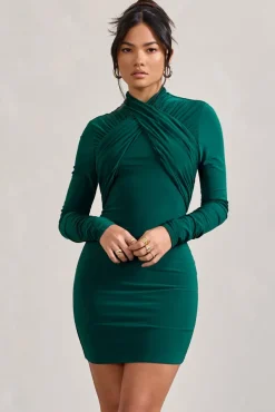 Eve | Bottle Green Crossed-Neck Long-Sleeved Bodycon Mini Dress