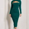 Eveline | Bottle Green Ruched High-Neck Long-Sleeved Bodycon Midi Dress