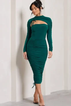 Eveline | Bottle Green Ruched High-Neck Long-Sleeved Bodycon Midi Dress