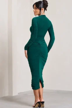 Eveline | Bottle Green Ruched High-Neck Long-Sleeved Bodycon Midi Dress