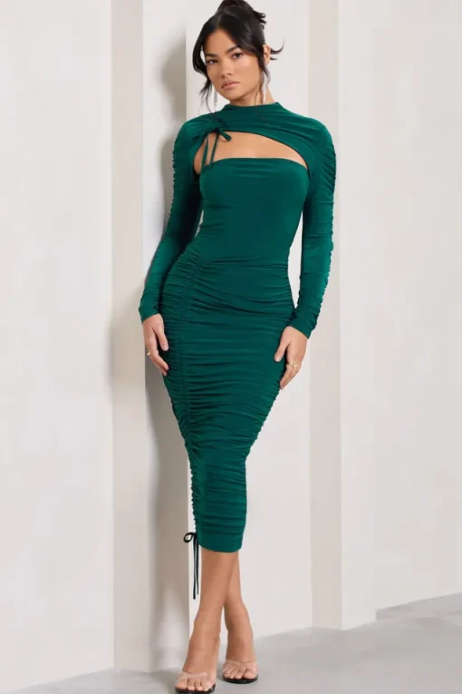 Eveline | Bottle Green Ruched High-Neck Long-Sleeved Bodycon Midi Dress