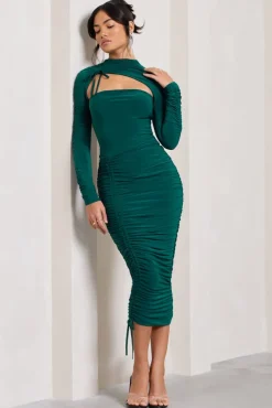 Eveline | Bottle Green Ruched High-Neck Long-Sleeved Bodycon Midi Dress