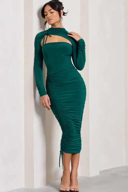 Eveline | Bottle Green Ruched High-Neck Long-Sleeved Bodycon Midi Dress
