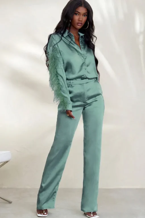 Evening Memories | Duck Egg Blue Satin Wide Leg Trousers