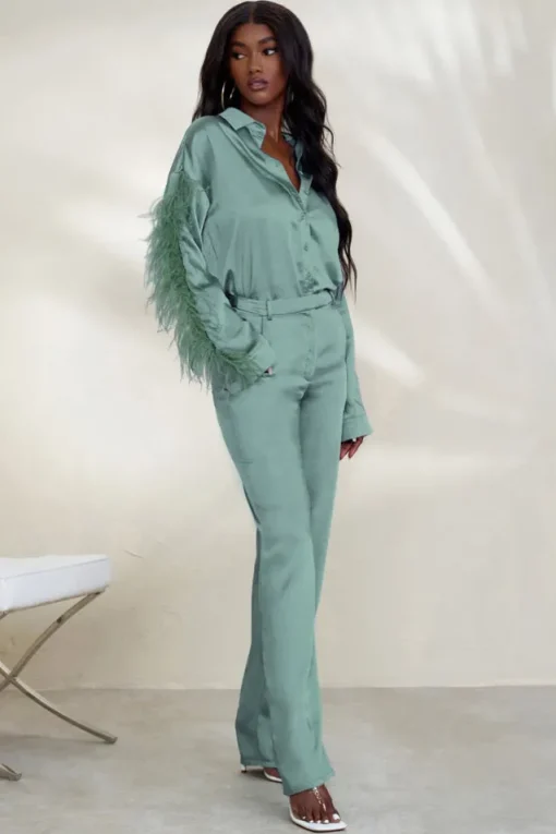 Evening Memories | Duck Egg Blue Satin Wide Leg Trousers