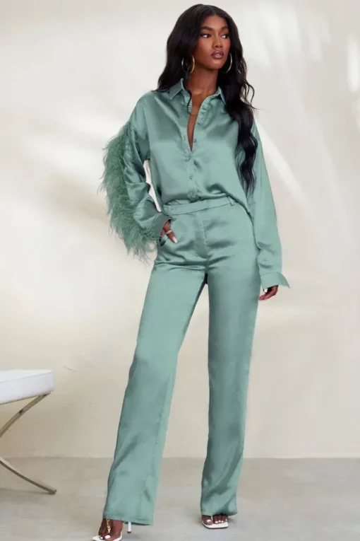 Evening Memories | Duck Egg Blue Satin Wide Leg Trousers