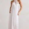 Everleigh | Cream Satin Relaxed Fit Maxi Column Dress With Corsage