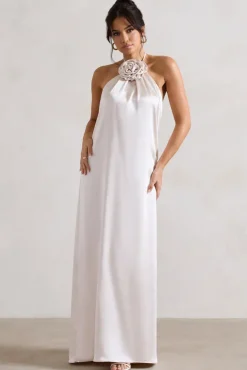 Everleigh | Cream Satin Relaxed Fit Maxi Column Dress With Corsage