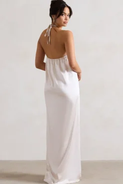 Everleigh | Cream Satin Relaxed Fit Maxi Column Dress With Corsage