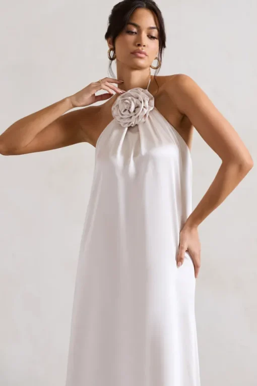 Everleigh | Cream Satin Relaxed Fit Maxi Column Dress With Corsage