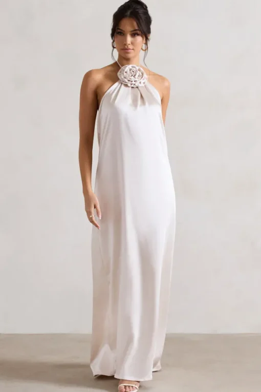 Everleigh | Cream Satin Relaxed Fit Maxi Column Dress With Corsage