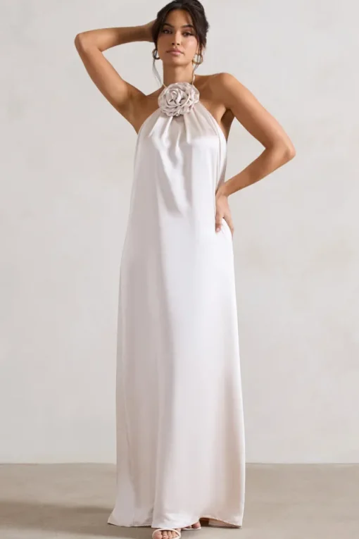 Everleigh | Cream Satin Relaxed Fit Maxi Column Dress With Corsage
