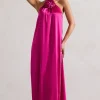 Everleigh | Dark Pink Satin Relaxed Fit Maxi Column Dress With Corsage