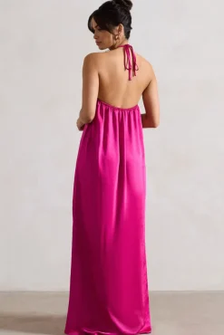 Everleigh | Dark Pink Satin Relaxed Fit Maxi Column Dress With Corsage