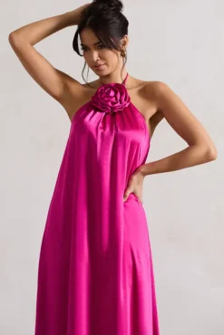 Everleigh | Dark Pink Satin Relaxed Fit Maxi Column Dress With Corsage