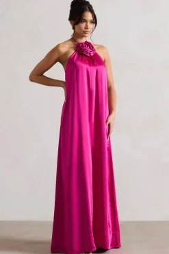 Everleigh | Dark Pink Satin Relaxed Fit Maxi Column Dress With Corsage