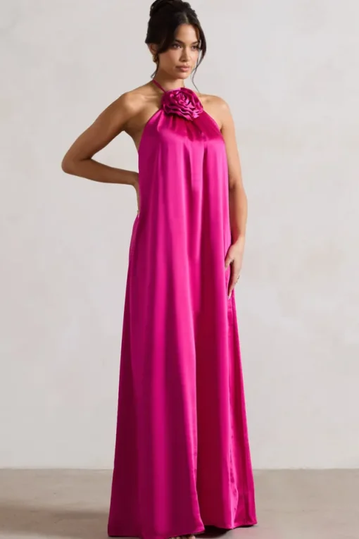 Everleigh | Dark Pink Satin Relaxed Fit Maxi Column Dress With Corsage