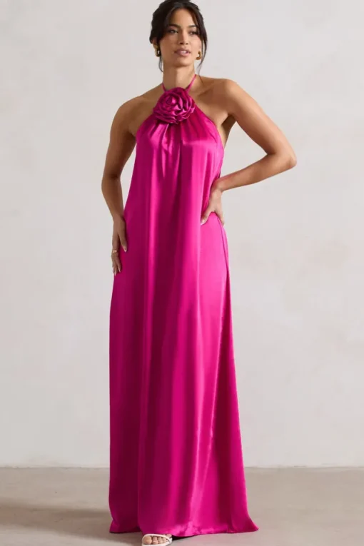 Everleigh | Dark Pink Satin Relaxed Fit Maxi Column Dress With Corsage