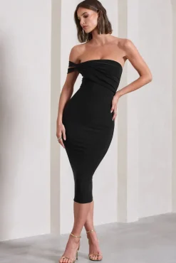 Eviana | Black Bodycon Sleeveless Twist Midi Dress