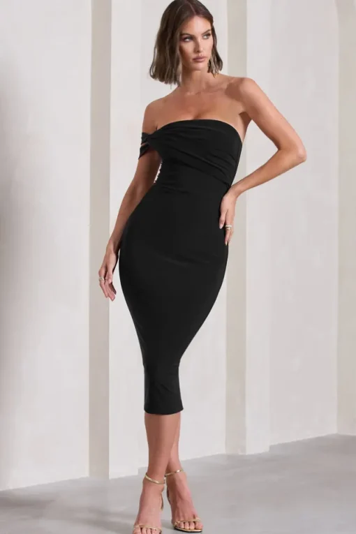 Eviana | Black Bodycon Sleeveless Twist Midi Dress