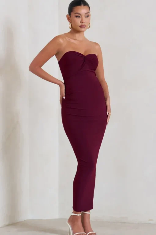 Evita | Burgundy Maternity Sweetheart Twist Detail Maxi Dress