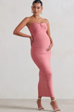 Evita | Pink Maternity Sweetheart Twist Detail Midi Dress