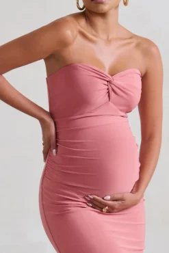 Evita | Pink Maternity Sweetheart Twist Detail Midi Dress