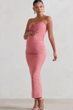 Evita | Pink Maternity Sweetheart Twist Detail Midi Dress