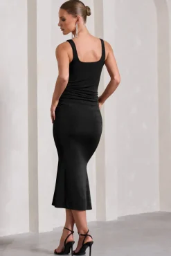 Evora | Black Ruched Square-Neck Fishtail Midi Dress