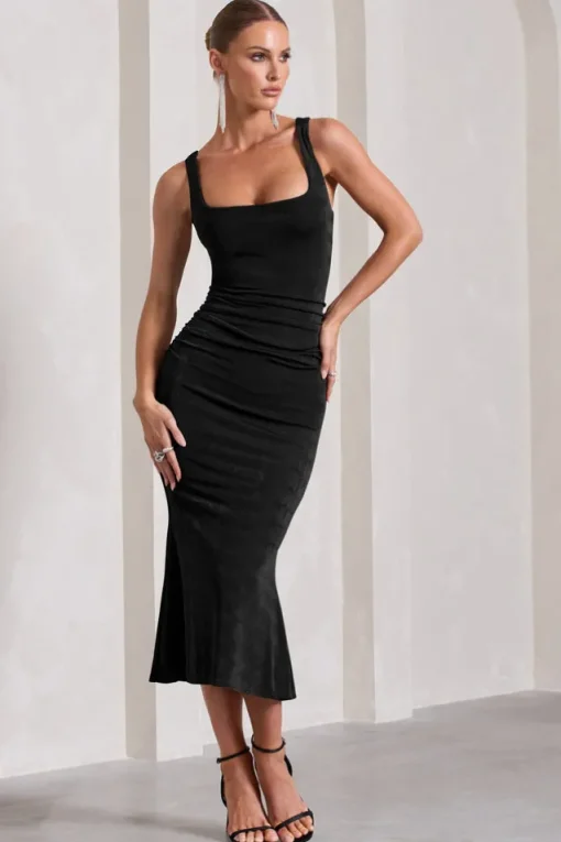 Evora | Black Ruched Square-Neck Fishtail Midi Dress