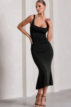 Evora | Black Ruched Square-Neck Fishtail Midi Dress