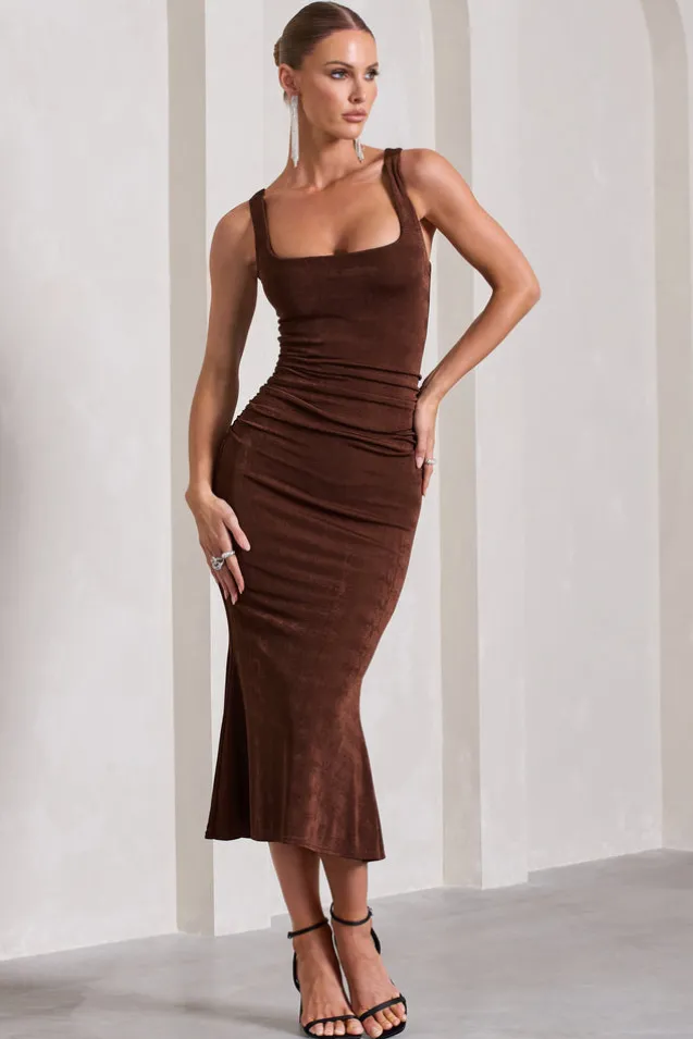Evora | Chocolate Ruched Square-Neck Fishtail Midi Dress