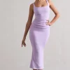 Evora | Lilac Ruched Square-Neck Fishtail Midi Dress