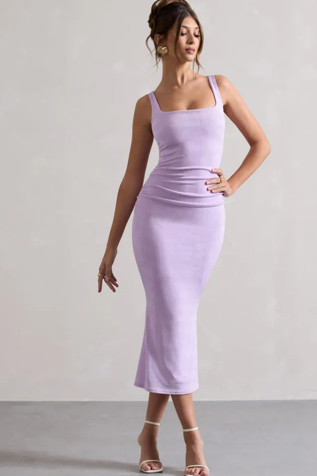 Evora | Lilac Ruched Square-Neck Fishtail Midi Dress
