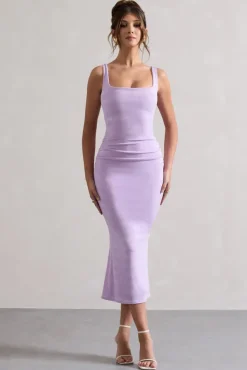 Evora | Lilac Ruched Square-Neck Fishtail Midi Dress