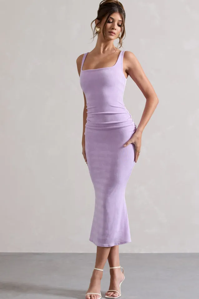 Evora | Lilac Ruched Square-Neck Fishtail Midi Dress