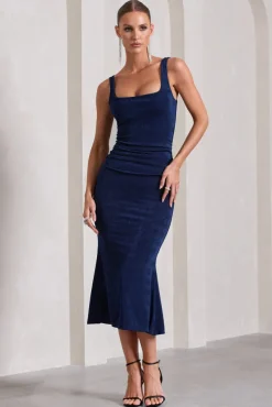 Evora | Navy Ruched Square-Neck Fishtail Midi Dress