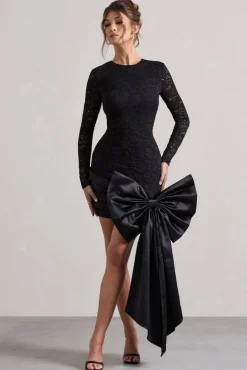 Evry | Black Lace Long-Sleeve Mini Dress With Oversized Satin Bow