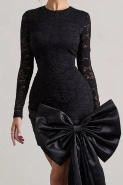 Evry | Black Lace Long-Sleeve Mini Dress With Oversized Satin Bow