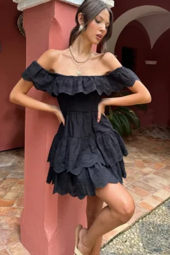 Explorer | Black Broderie Ruffled Bardot Mini Dress