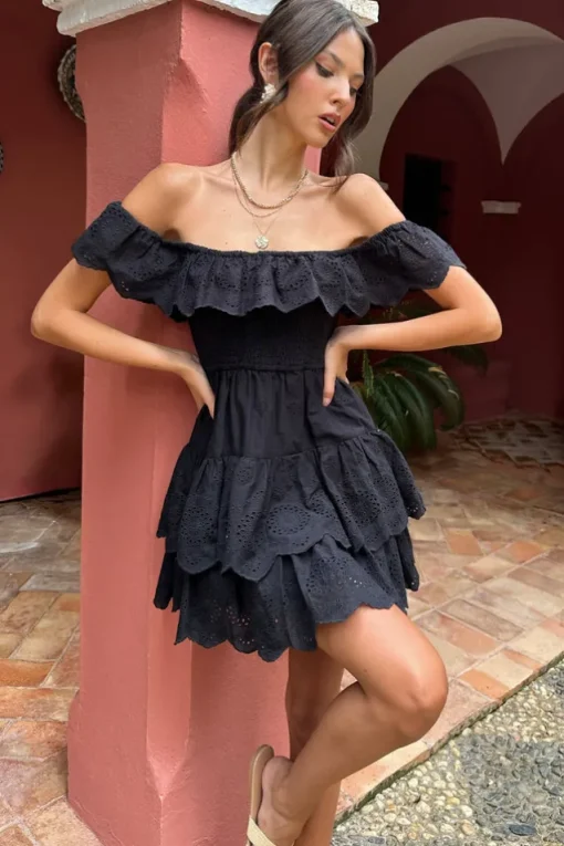 Explorer | Black Broderie Ruffled Bardot Mini Dress