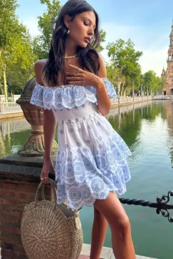 Explorer | White u0026 Blue Broderie Ruffled Bardot Mini Dress