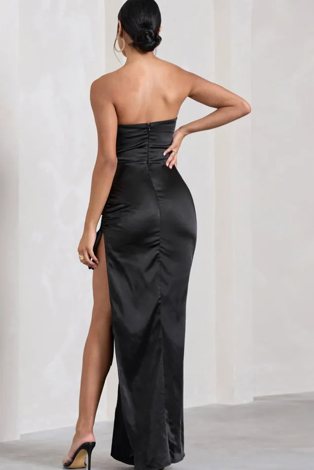 Expose | Black Satin Sweetheart Corset Asymmetric Maxi Dress