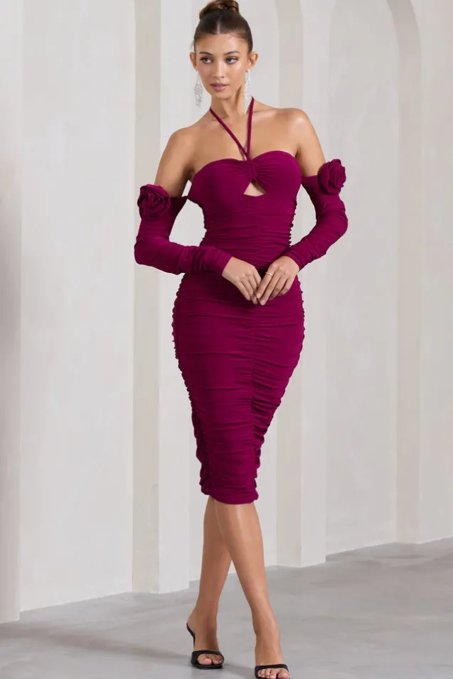 Extra Special | Dark Cherry Ruched Halter-Neck Midi Dress With Flowers