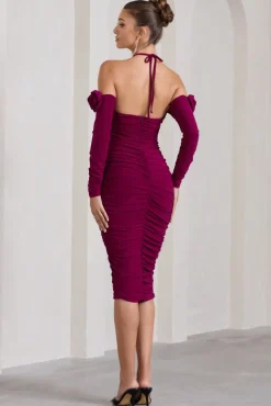 Extra Special | Dark Cherry Ruched Halter-Neck Midi Dress With Flowers