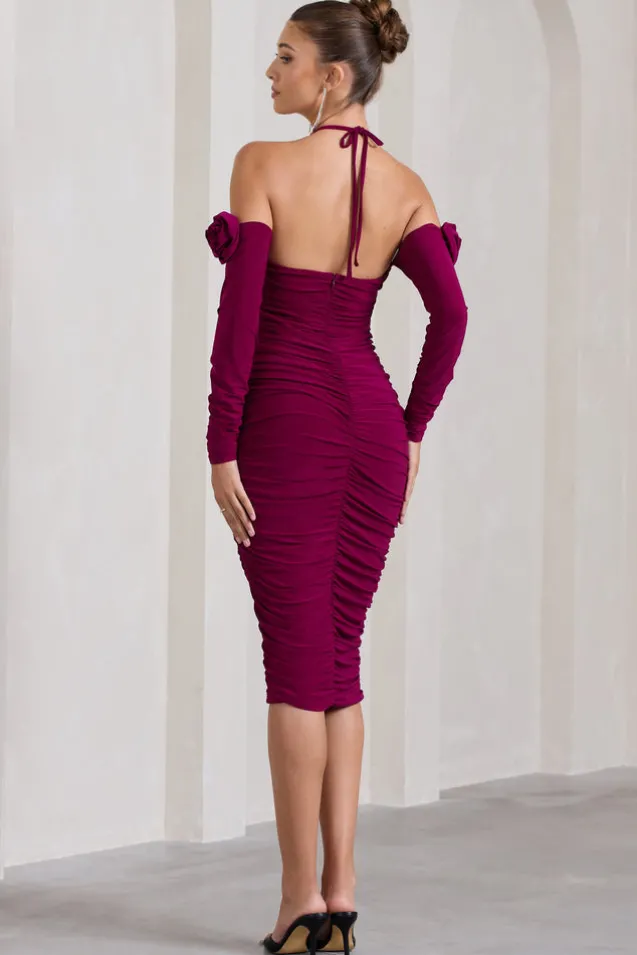 Extra Special | Dark Cherry Ruched Halter-Neck Midi Dress With Flowers